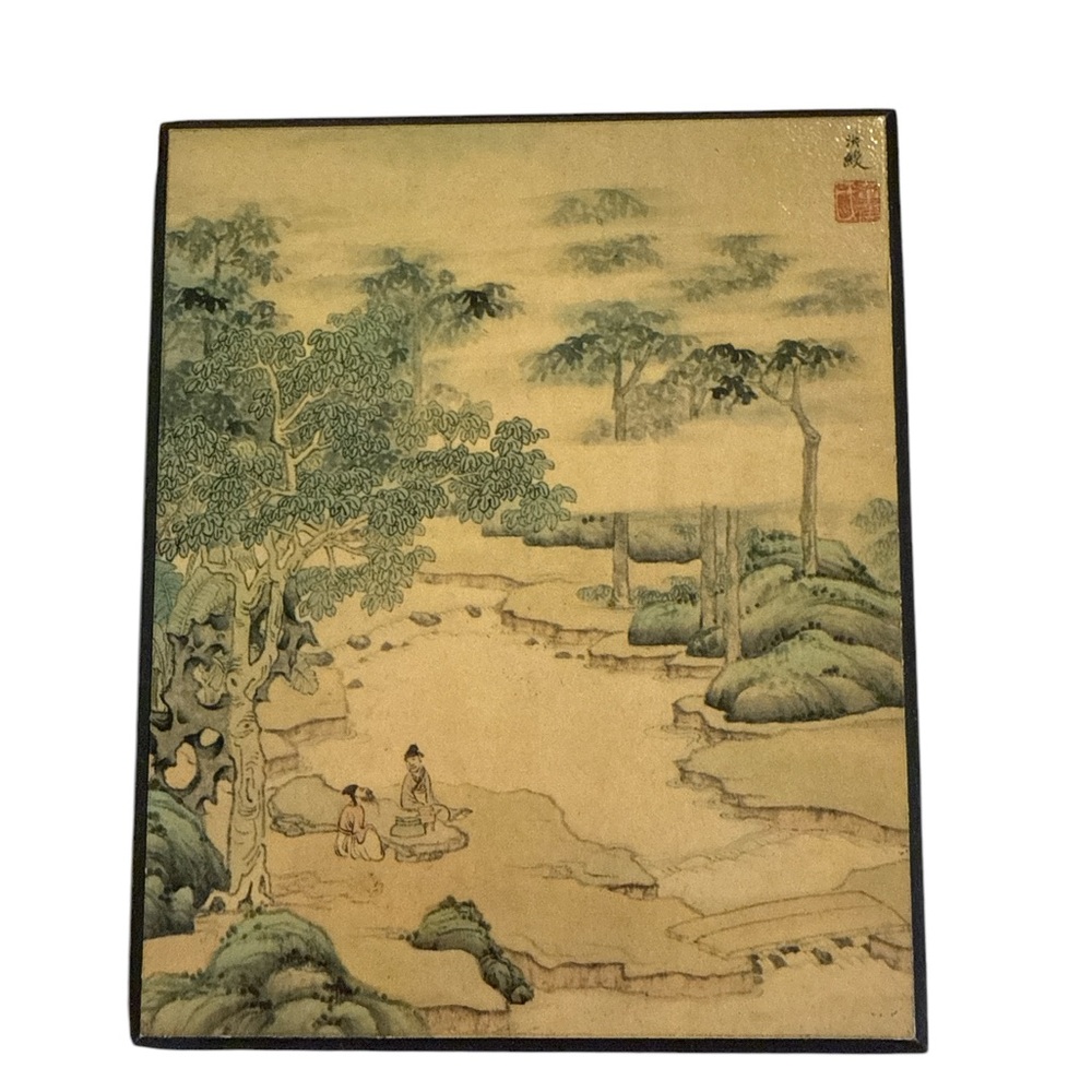 Vintage Asian-Inspired Wall Art Pair - Traditional Landscape Scenes Wood Backing - Picture 3 of 8